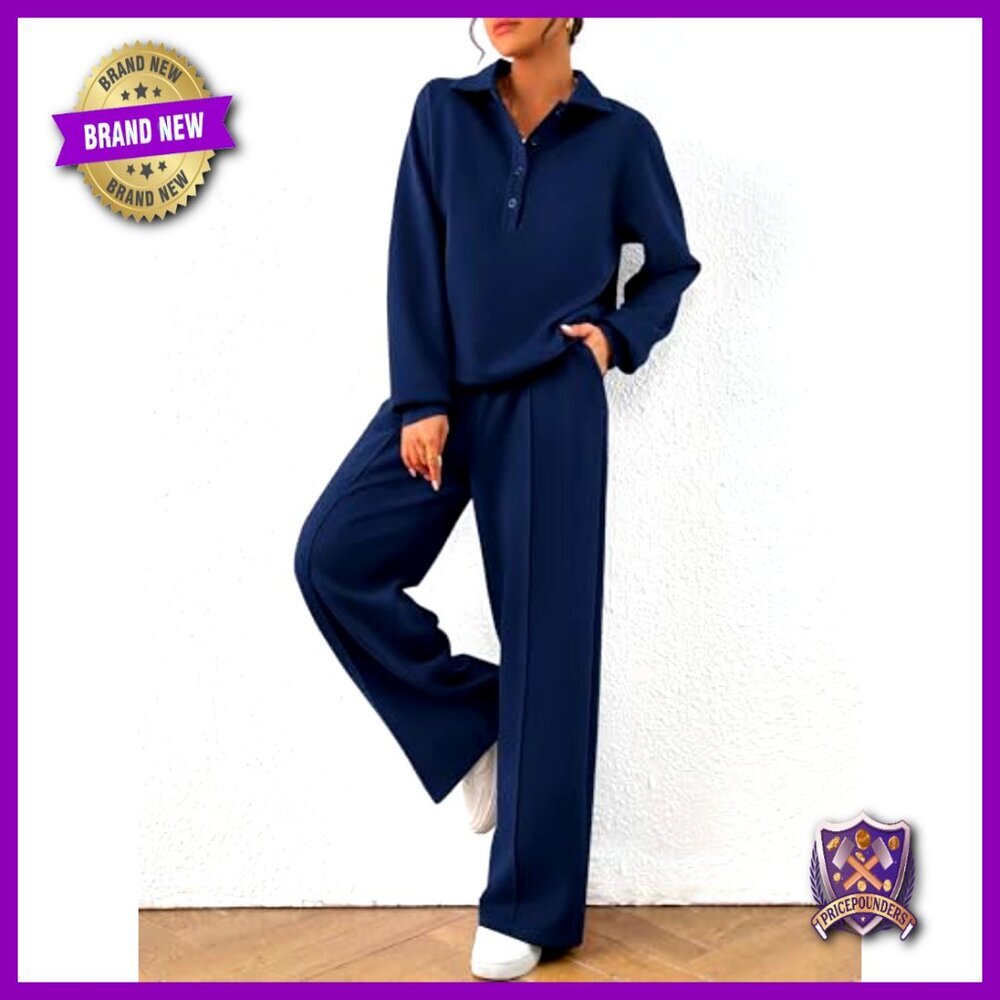 Quarter Button Sweatshirt Wide Leg Pants Lounge Set Tracksuit Cozy Chic - Picture 4 of 7